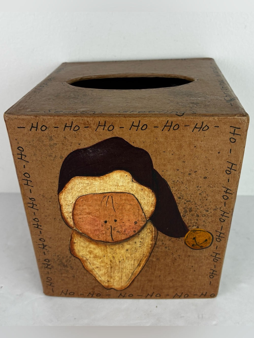 Hand Painted 90’s Christmas Primitive Folk Art Style Cardboard Tissue Box Cover
